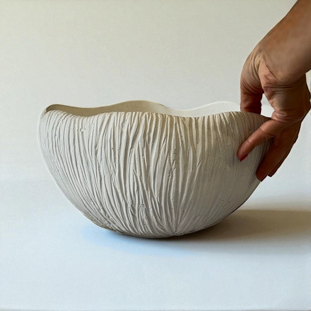 Somerset Bowl, Artisan Cement Display Piece Hand-painted in White Dove, 11.6" L x 9.8" W x 5.9" H