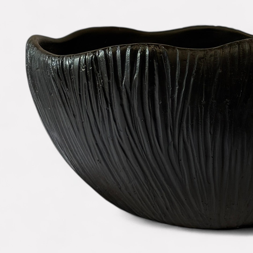 Somerset Bowl, Artisan Cement Display Piece Hand-painted in Jet Black, 11.6' L x 9.8" W x 5.9" H