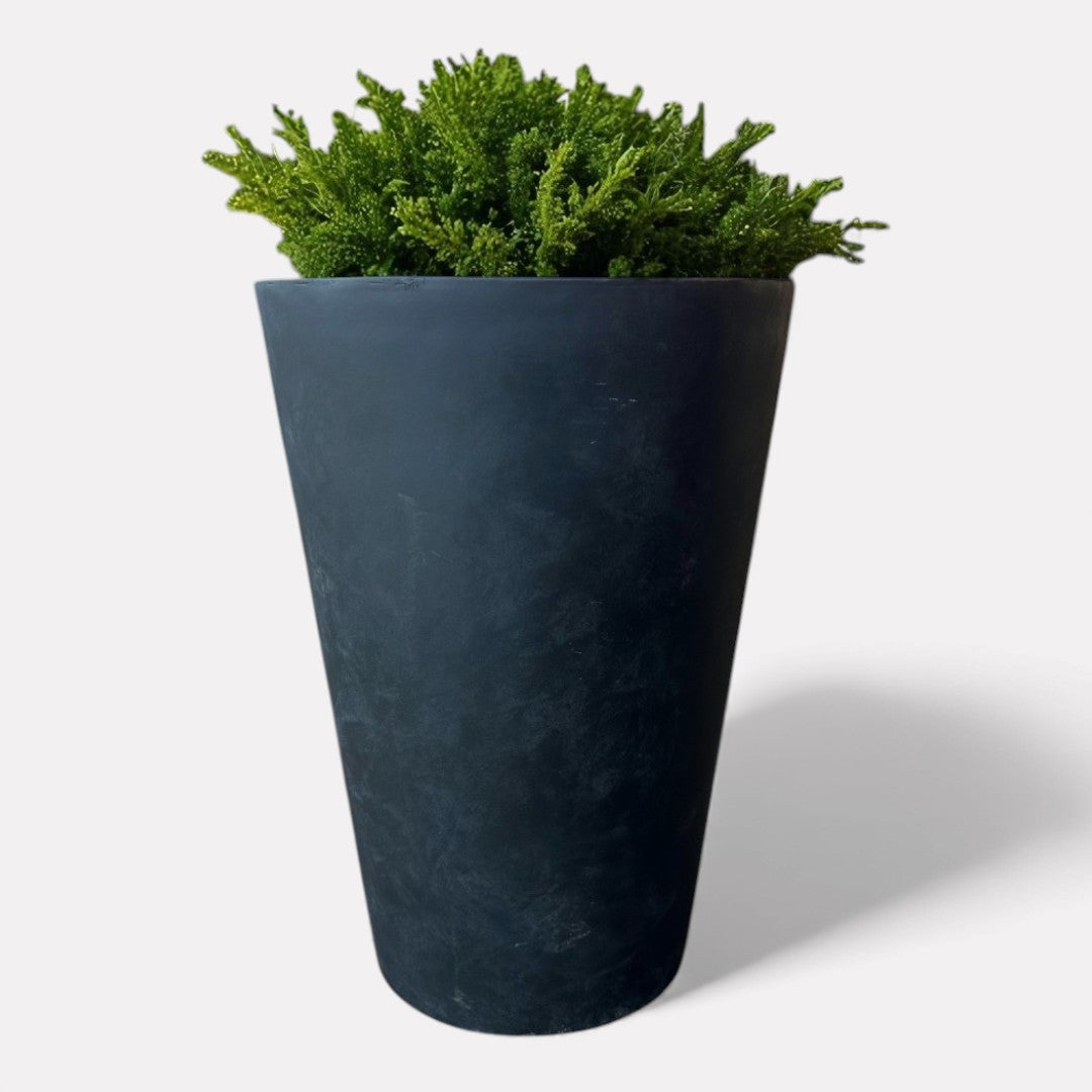Tahiti Fiber Clay Planter, Hand-painted in Weathered Black, 19.6"D x 27.5"H