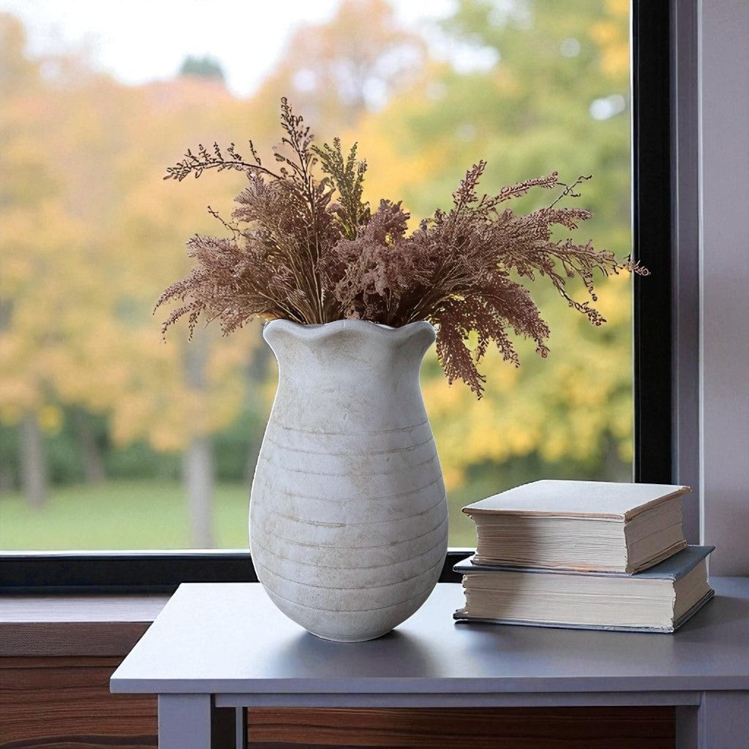 Sable Scalloped Crock, Terracotta Pot, Hand-Painted in Aged White, 6.2"D x 9.4"H
