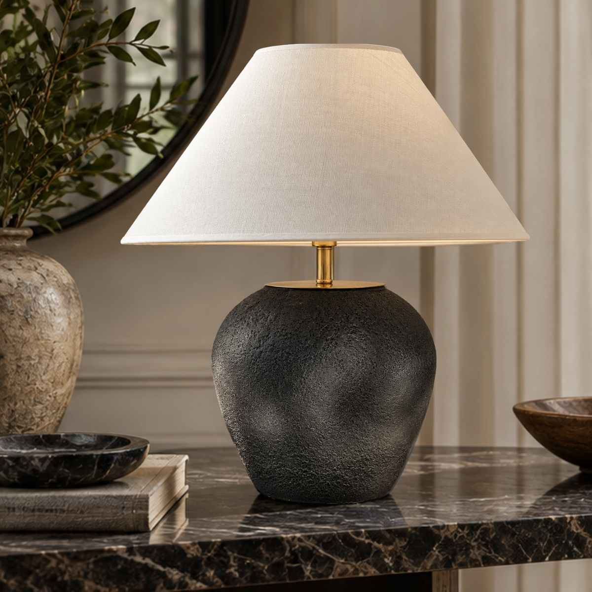 Lythra, Textured Stone-Inspired Base with Elegant Conical Shade, 16.5" D x 19.7" H