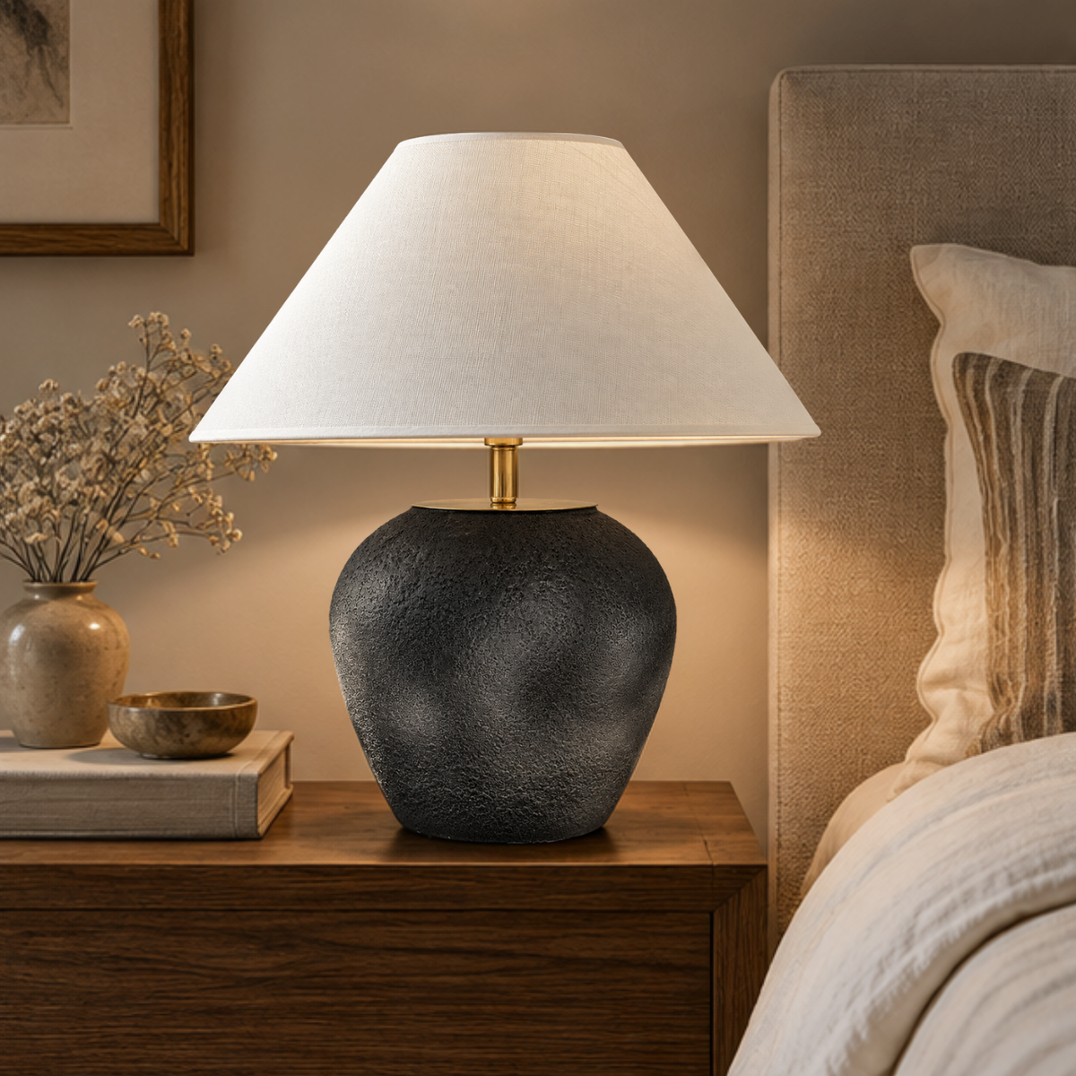 Lythra, Textured Stone-Inspired Base with Elegant Conical Shade, 16.5" D x 19.7" H