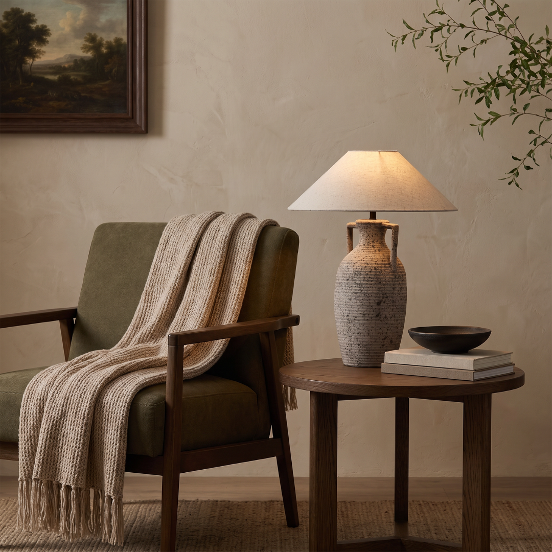 Amphora, Rustic Ceramic Base with Classic Fabric Shade, 19.7" D x 28.3" H