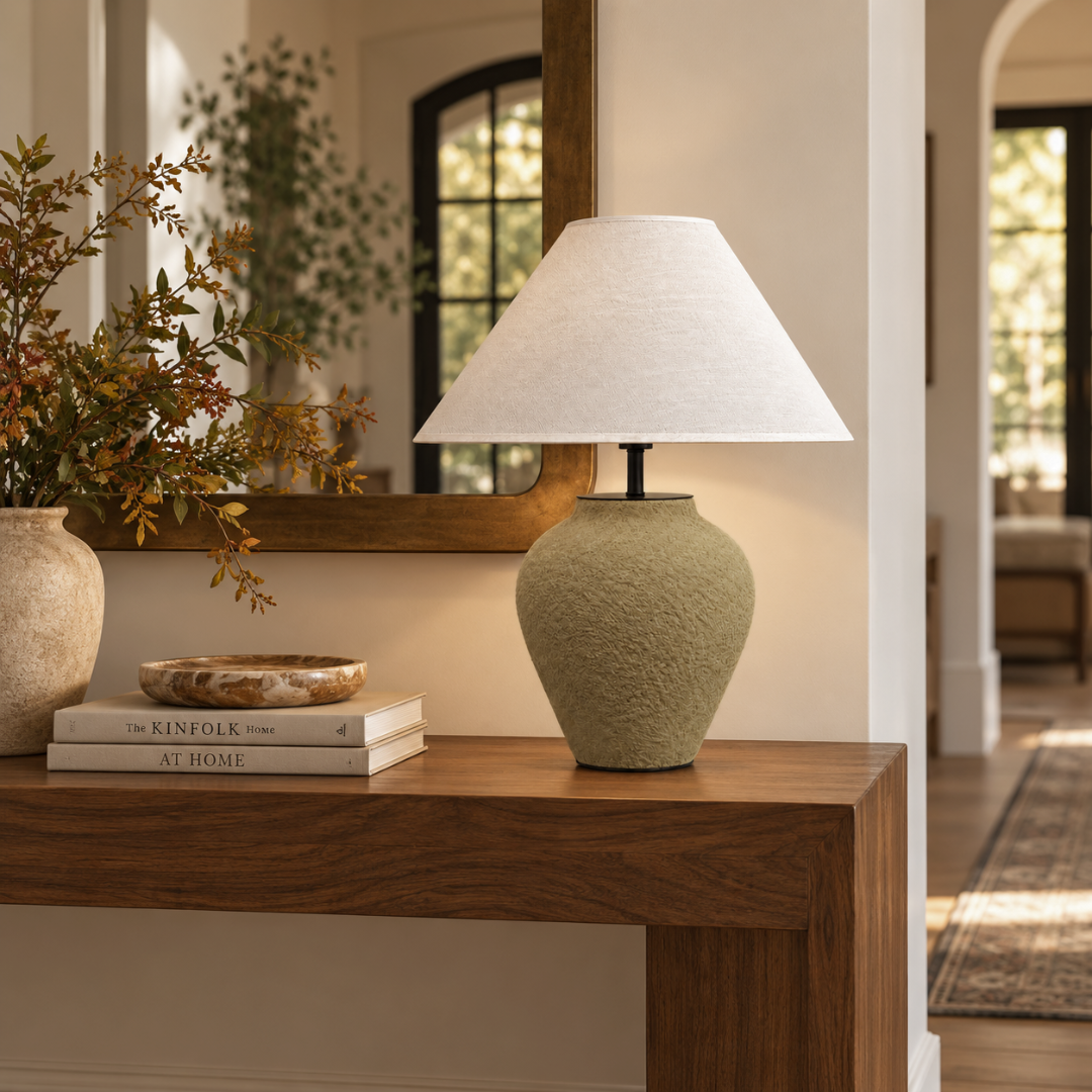 Myra, Textured Ceramic Base with Glow Hemp Blend Shade, 15" D x 25.6" H