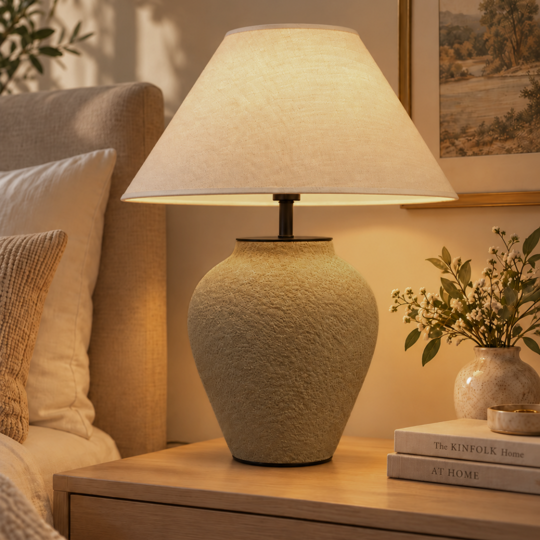 Myra, Textured Ceramic Base with Glow Hemp Blend Shade, 15" D x 25.6" H