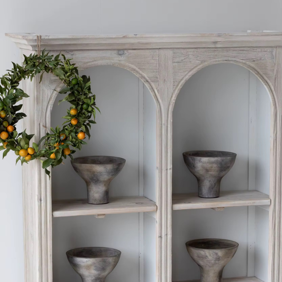 Athis, Double-Arch Recycled Pine, Bookcase/ Display Cabinet in Natural Limewash Finish, 40"L x 12"W x 79"H