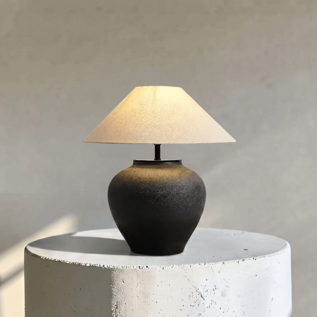 Lumora, Matte Ceramic Lamp, Noir Haven Silhouette with a Textured Fabric Shade 15.7"D x 15"H