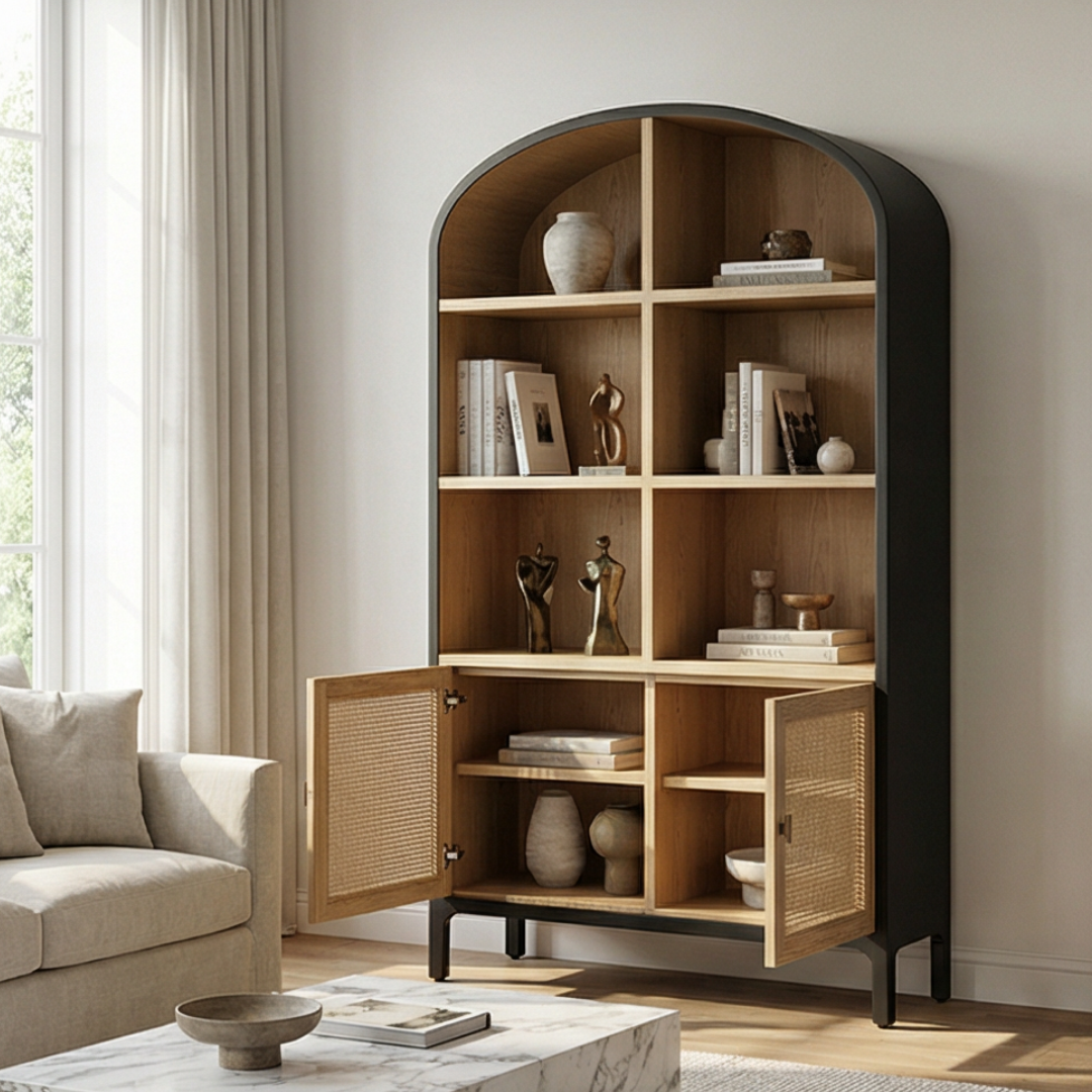 Arke, Oak & Rattan Display Bookcase in Natural Oak, Matte Brushed Black & Rattan Weave 50”L x 16.5”W x 83”H