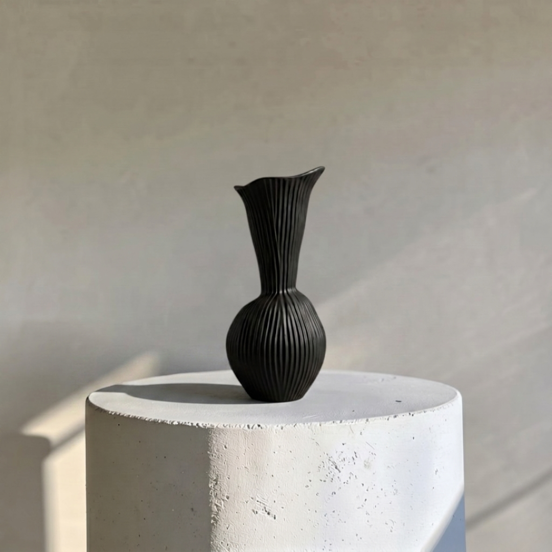 Everly Terracotta Vase, Hand-painted in Jet Black 4.7"D x 10.6" H