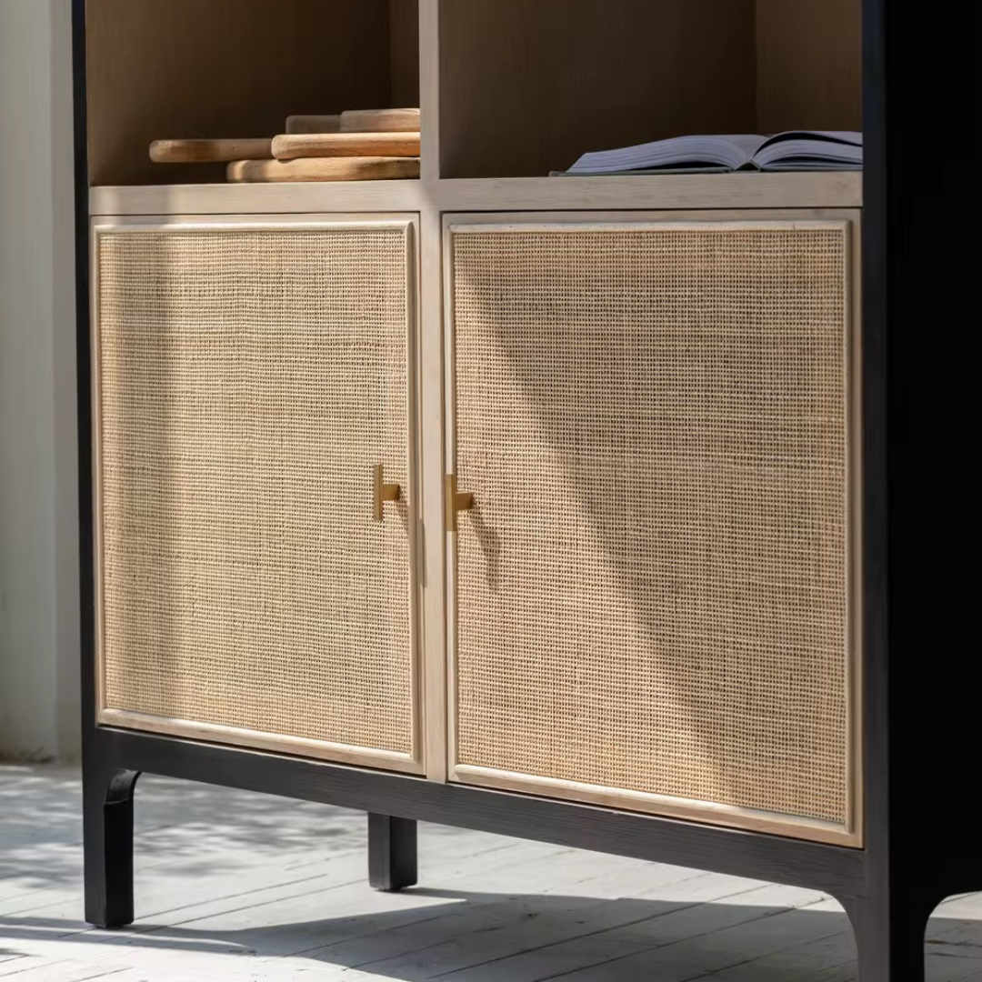 Arke, Oak & Rattan Display Bookcase in Natural Oak, Matte Brushed Black & Rattan Weave 50”L x 16.5”W x 83”H