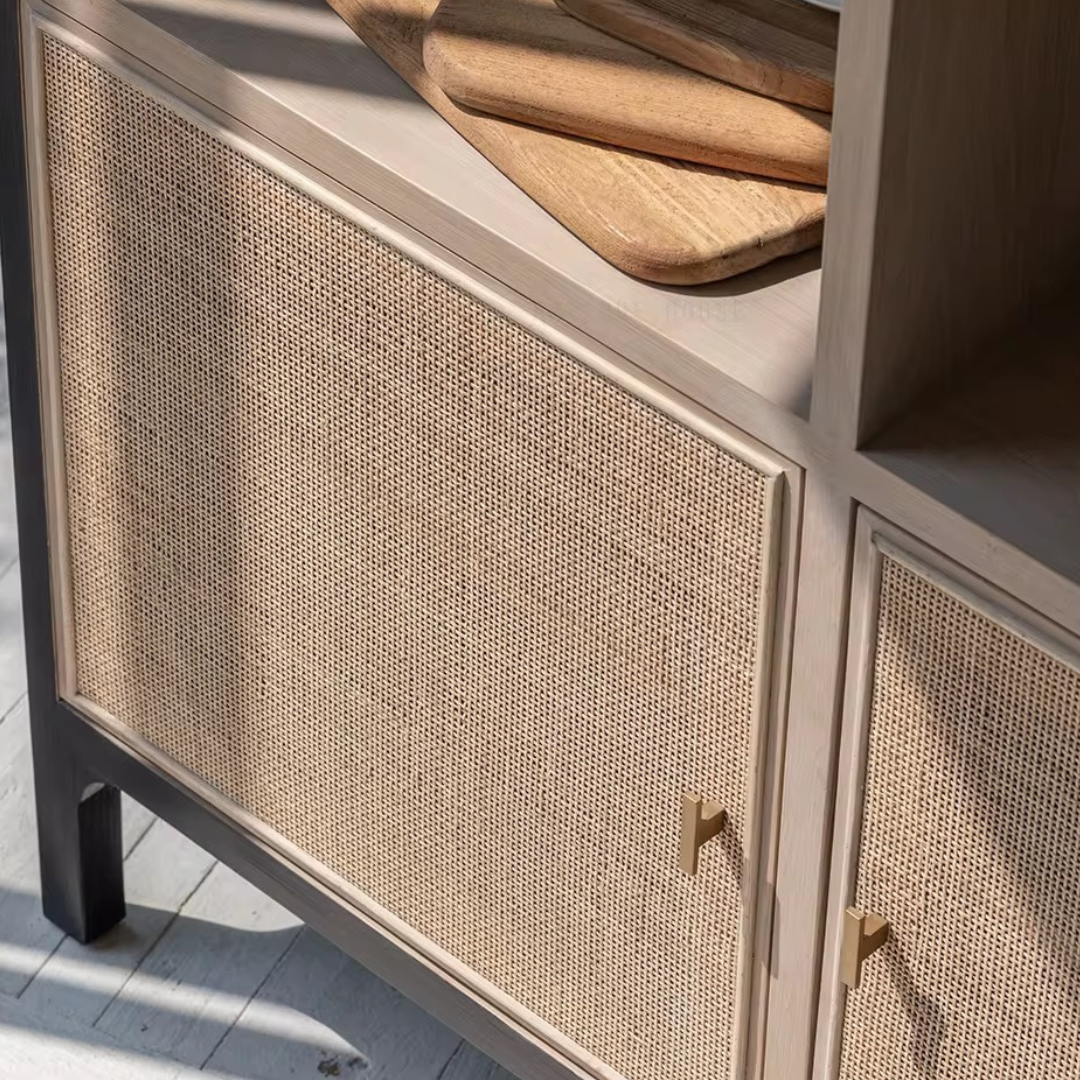 Arke, Oak & Rattan Display Bookcase in Natural Oak, Matte Brushed Black & Rattan Weave 50”L x 16.5”W x 83”H