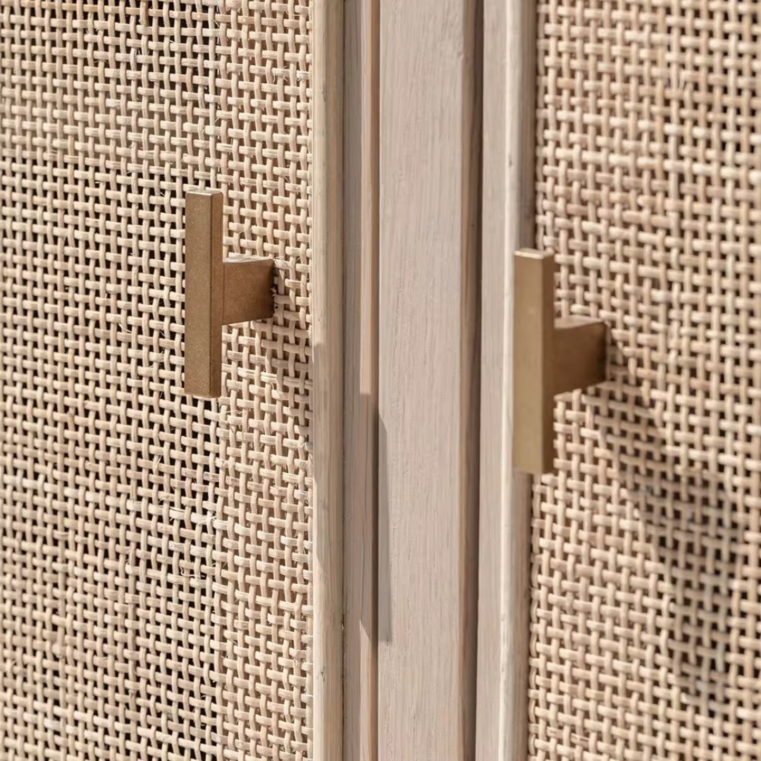 Arke, Oak & Rattan Display Bookcase in Natural Oak, Matte Brushed Black & Rattan Weave 50”L x 16.5”W x 83”H