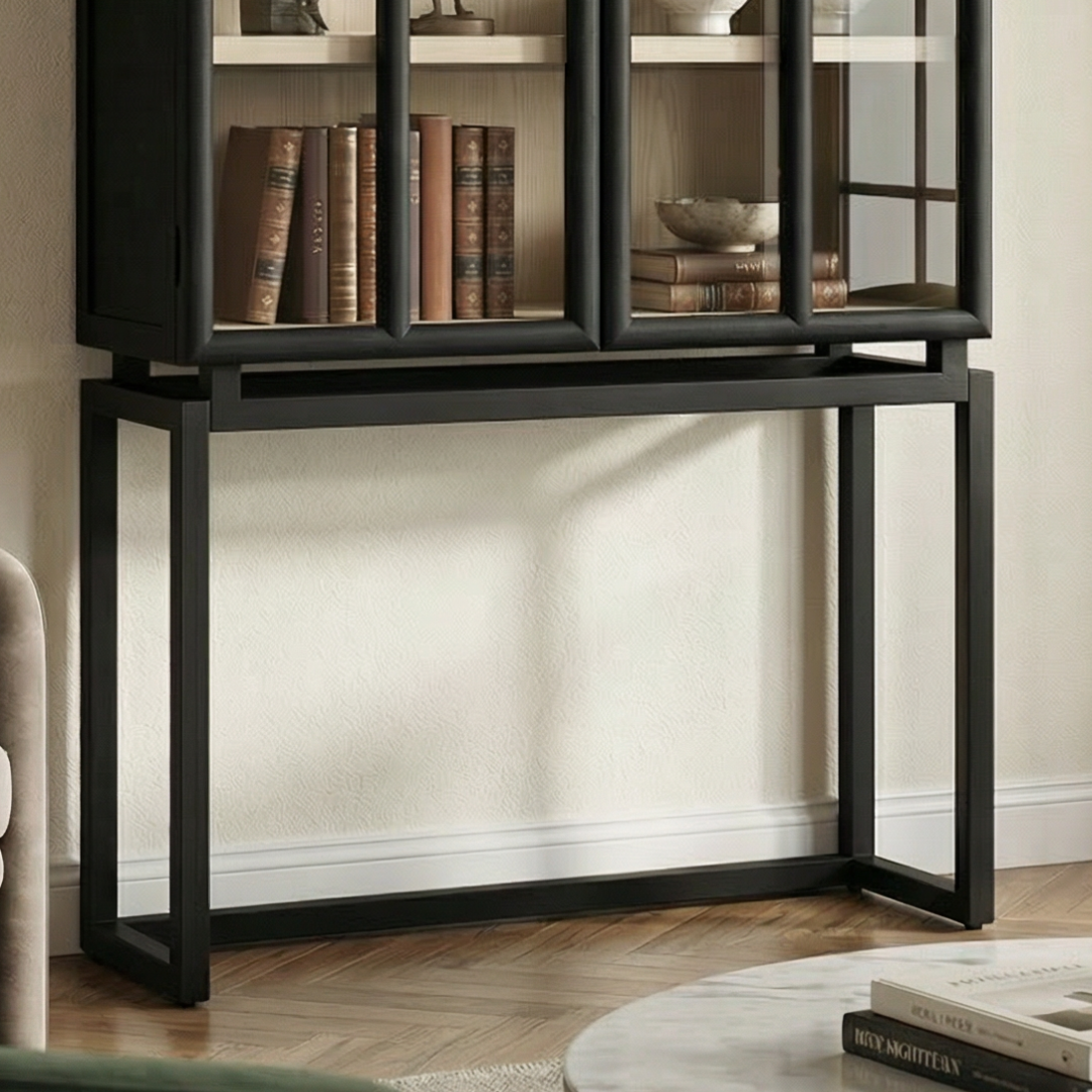 Ephyra, Oak Display Cabinet in Waxed Black Finish, Featuring  Arch Glass Doors, 39.4”L x 17.7”W x 67.7”H.