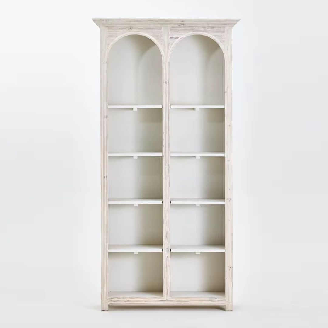 Athis, Double-Arch Recycled Pine, Bookcase/ Display Cabinet in Natural Limewash Finish, 39.5”L x 12”W x 79”H