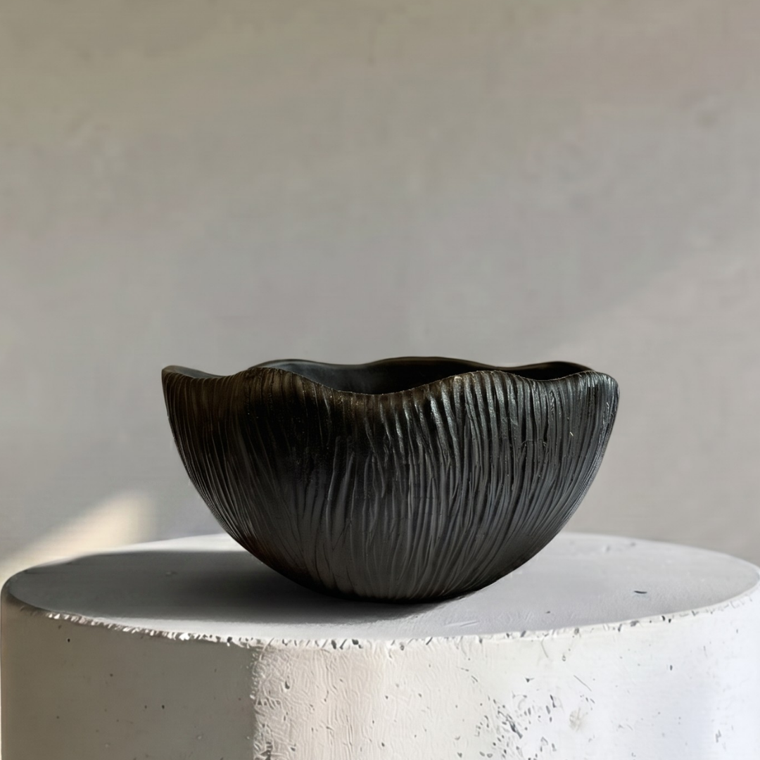 Somerset Bowl, Artisan Cement Display Piece Hand-painted in Jet Black, 11.5"D x 5.5"H