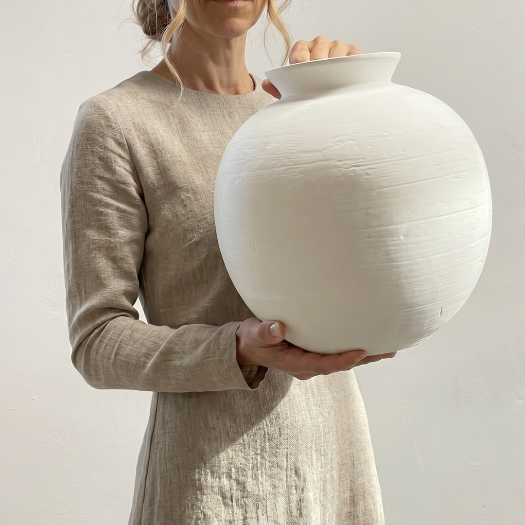 Relic, Terracotta Vessel, Hand-painted in White, 10.2" D x 10.6" H