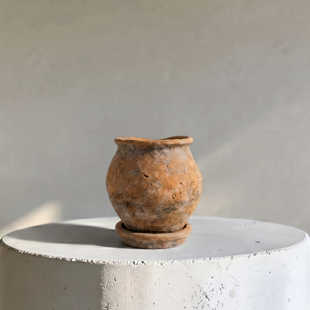 Odyssey Planter with Dish and Drainage Hole, Cement Pot, 6"D x 6.5"H