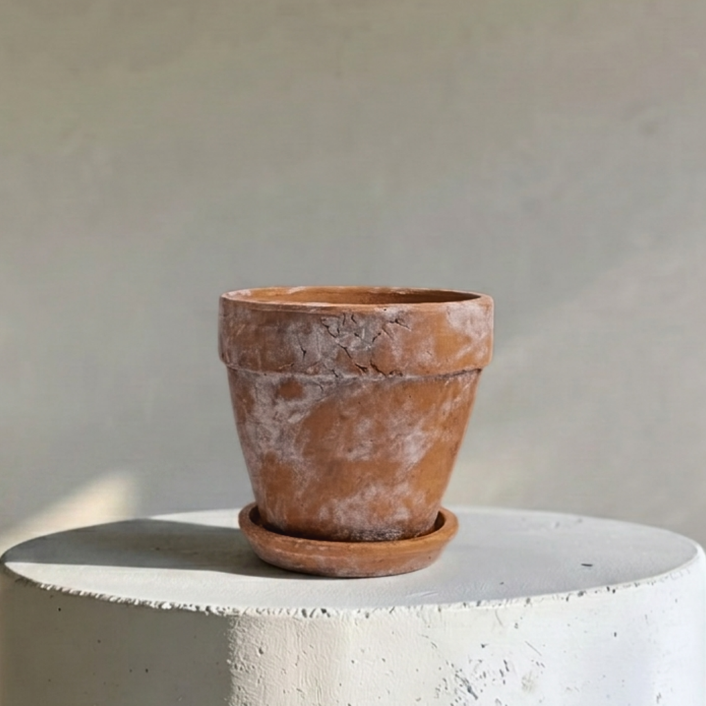 Venice Cement Planter with Dish and Drainage Hole, Handcrafted in Aged Terracotta, Large & Medium