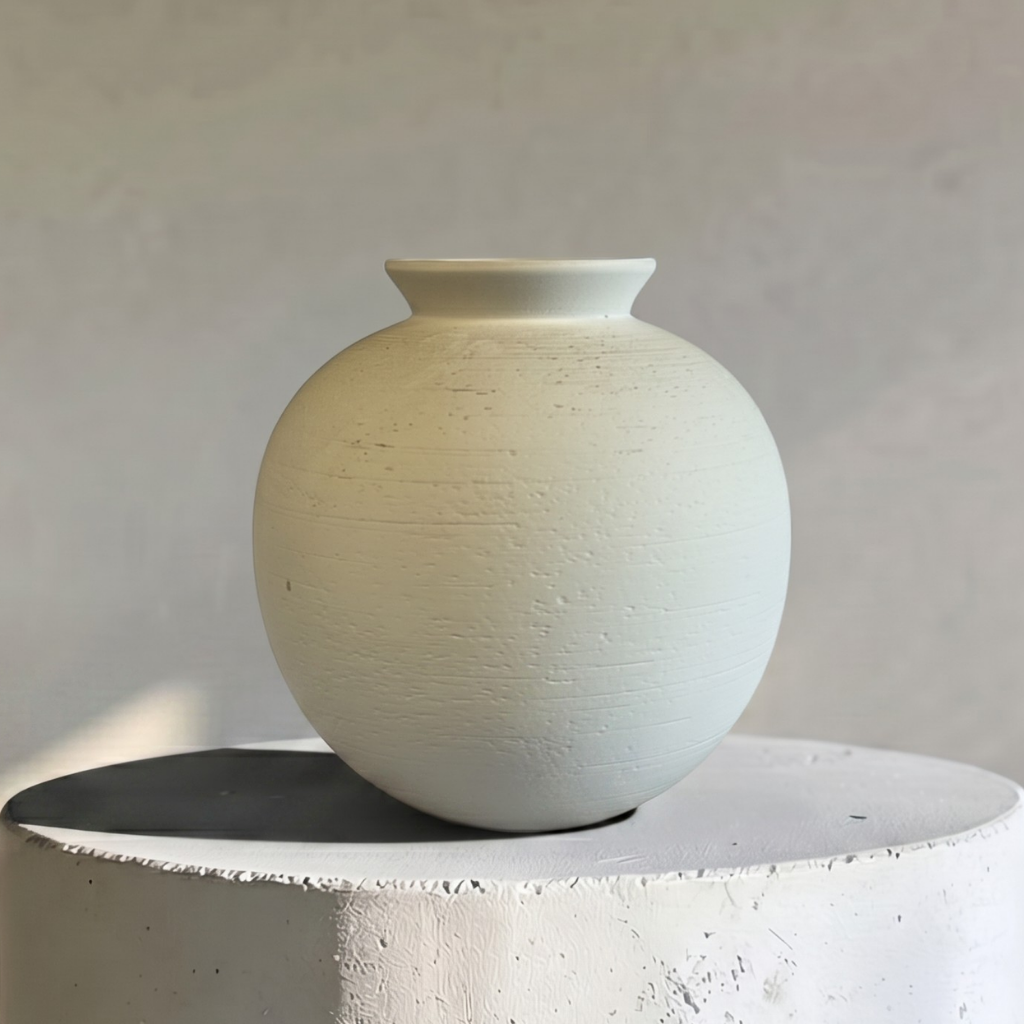 Relic, Terracotta Vessel, Hand-painted in White, 10.2" D x 10.6" H