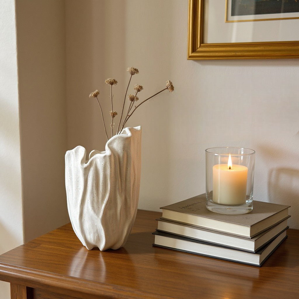 Lunaria Ivory Ceramic Sculptural Vase, 4.9"L x 4.5"W x 8.7"H.