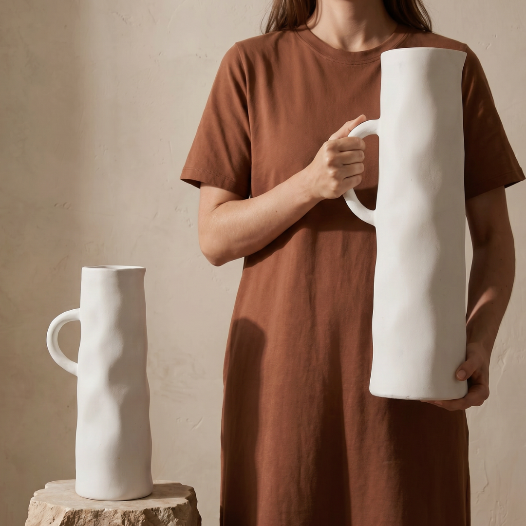 Savannah Pitcher-Style, Terracotta Vessel, Handpainted in Oyster White