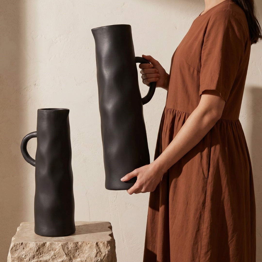 Savannah Pitcher-Style, Terracotta Vessel, Handpainted in Jet Black