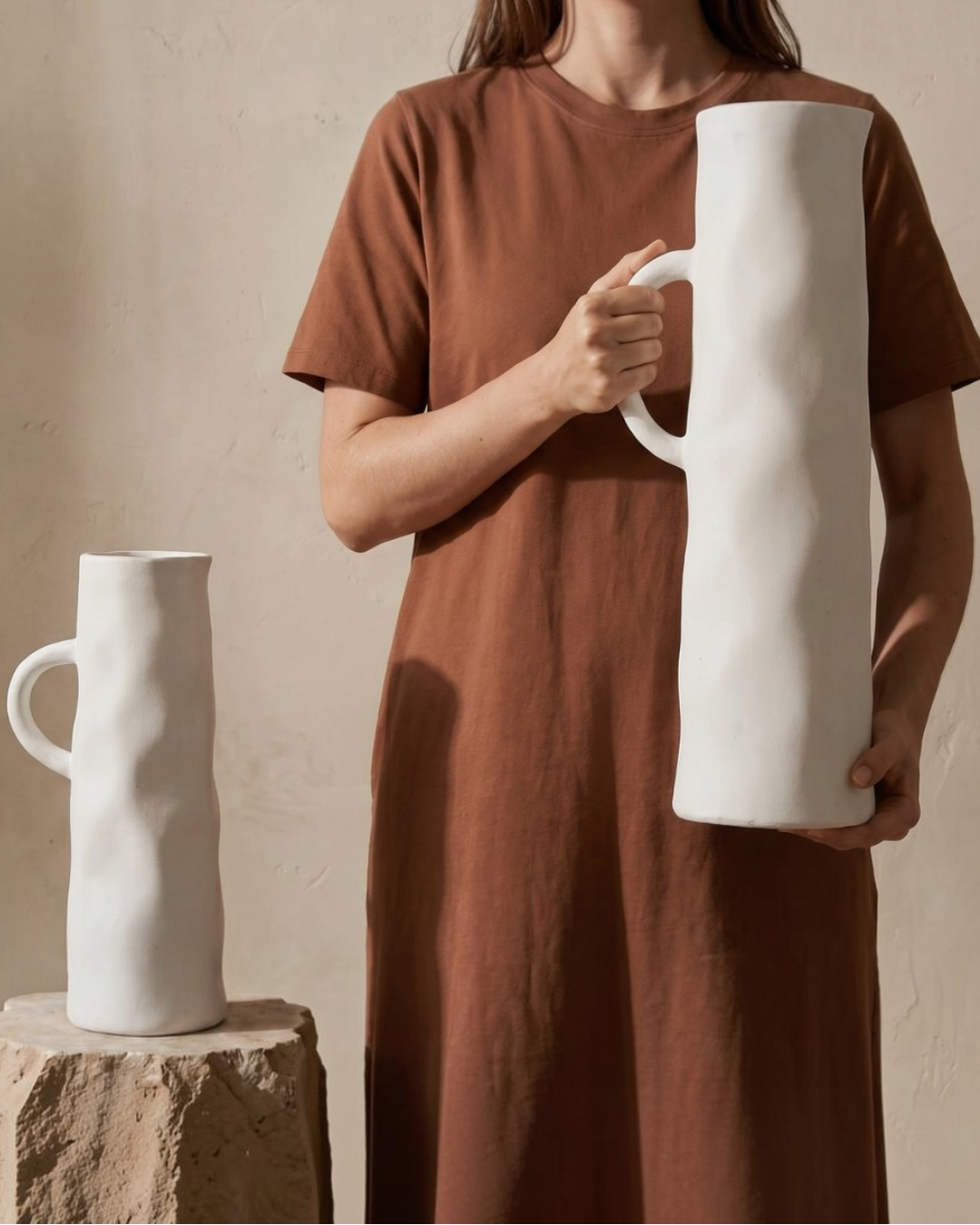 Savannah Pitcher-Style, Terracotta Vessel, Handpainted in Linen White