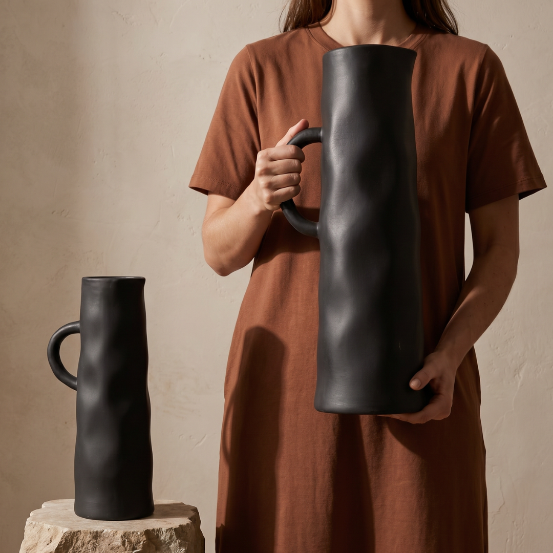 Savannah Pitcher-Style, Terracotta Vessel, Handpainted in Jet Black