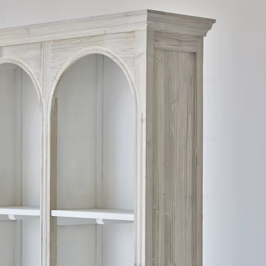 Athis, Double-Arch Recycled Pine, Bookcase/ Display Cabinet in Natural Limewash Finish, 40"L x 12"W x 79"H