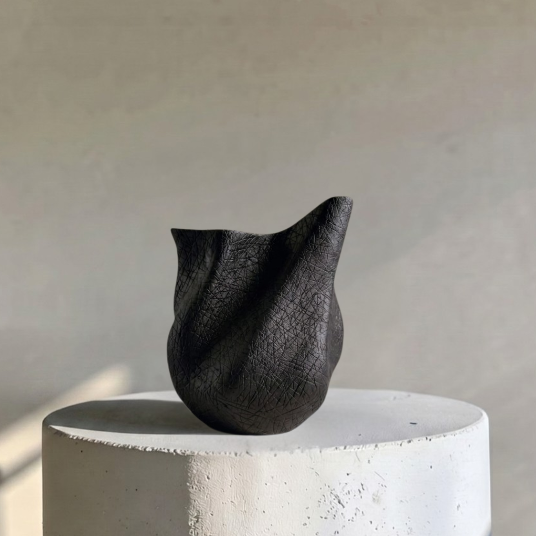 Everest Terracotta Vessel, Hand-painted in Jet Black, 11.4"L x 10"W x 13."H