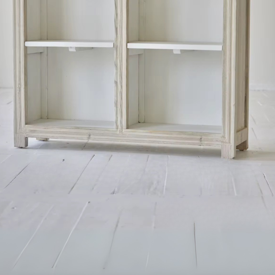 Athis, Double-Arch Recycled Pine, Bookcase/ Display Cabinet in Natural Limewash Finish, 40"L x 12"W x 79"H