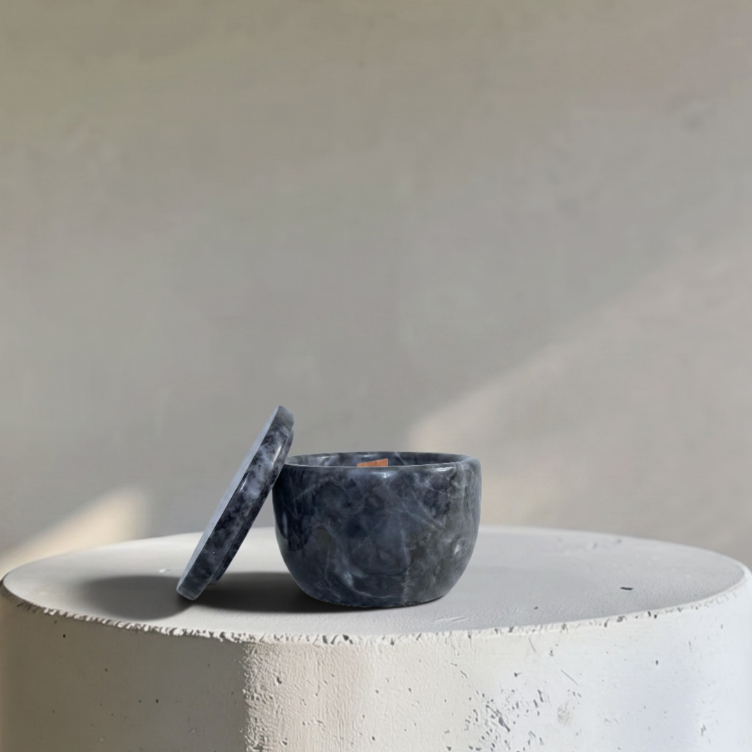 Midnight Stone Candēla, Marble Vessel with Lid, 3.1"D x 3.1"D x 2.7"H
