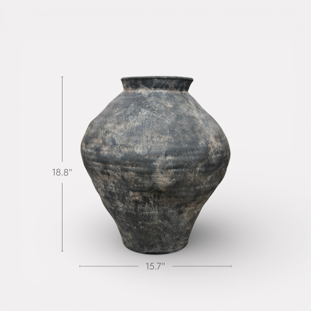 Mojave Rustique Fiber Clay Vessel, Hand-Painted in Weathered Black 15.7" D x 18.8" H