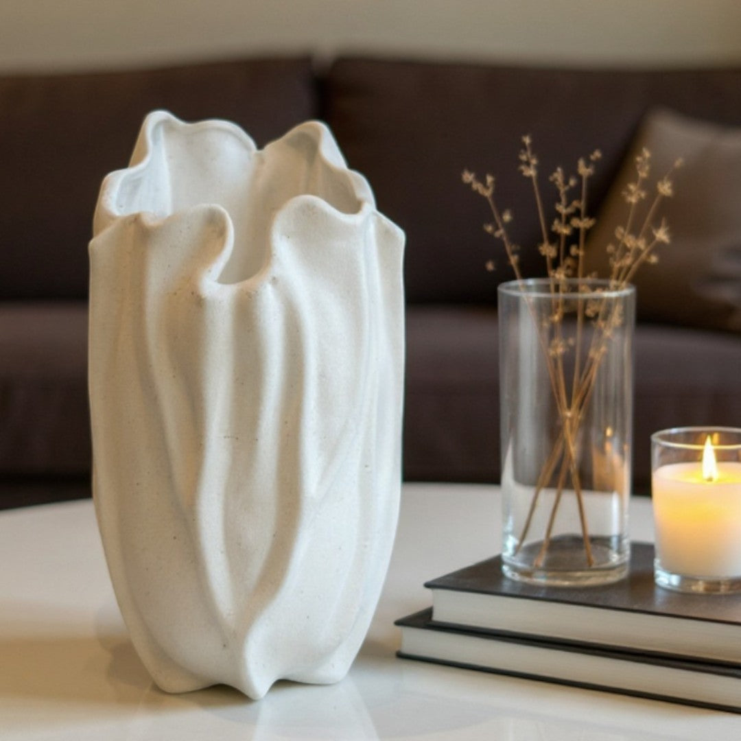 Lunaria Ivory Ceramic Sculptural Vase, 4.9"L x 4.5"W x 8.7"H.