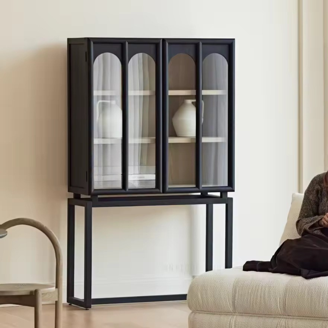 Ephyra, Oak Display Cabinet in Waxed Black Finish, Featuring  Arch Glass Doors, 39.4”L x 17.7”W x 67.7”H.