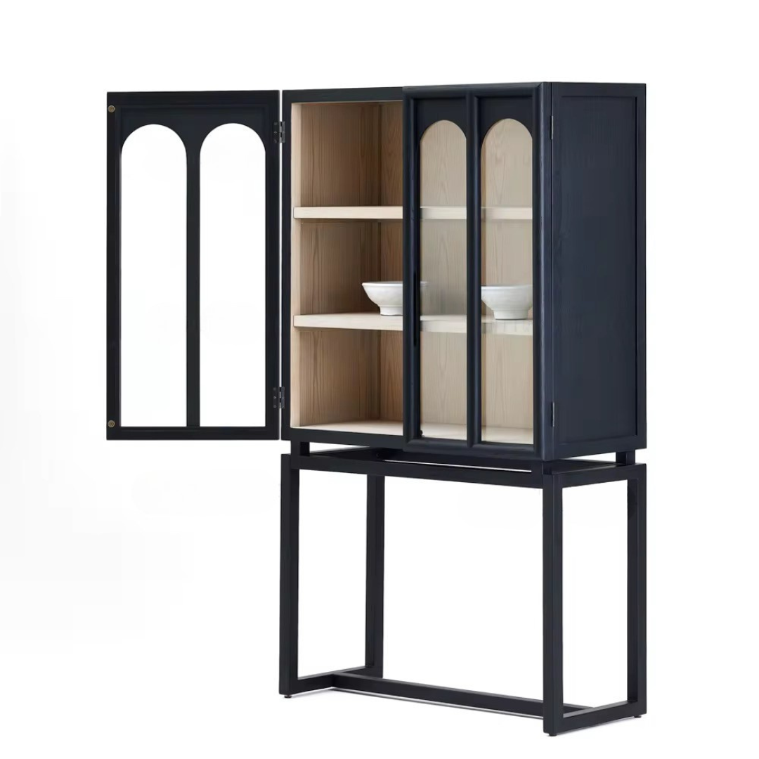 Ephyra, Oak Display Cabinet in Waxed Black Finish, Featuring  Arch Glass Doors, 39.4”L x 17.7”W x 67.7”H.