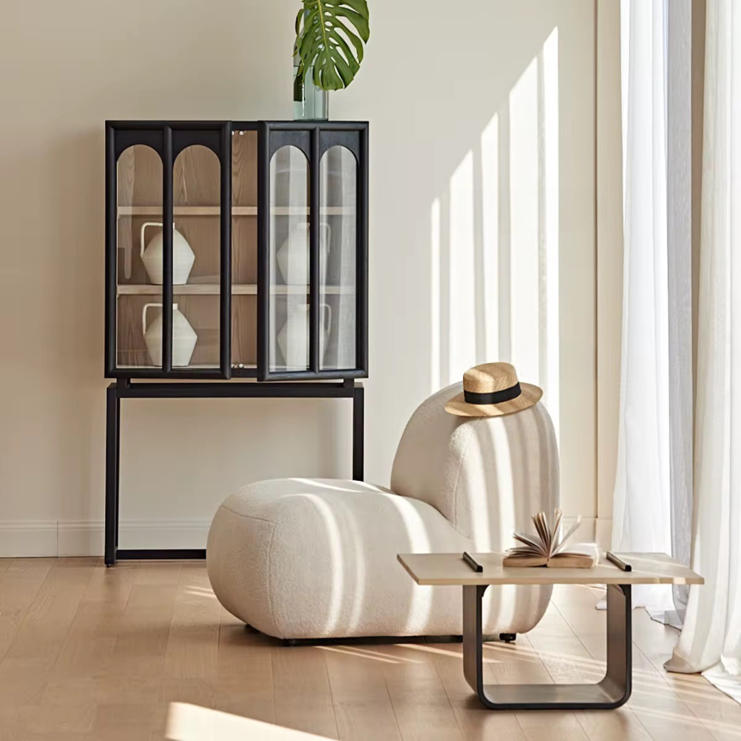 Ephyra, Oak Display Cabinet in Waxed Black Finish, Featuring  Arch Glass Doors, 39.4”L x 17.7”W x 67.7”H.