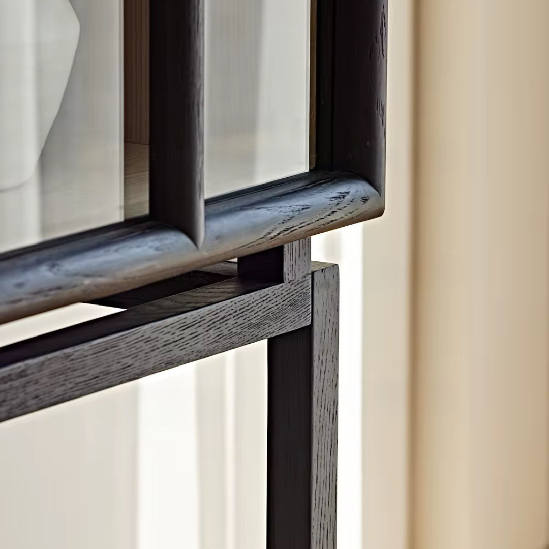 Ephyra, Oak Display Cabinet in Waxed Black Finish, Featuring  Arch Glass Doors, 39.4”L x 17.7”W x 67.7”H.