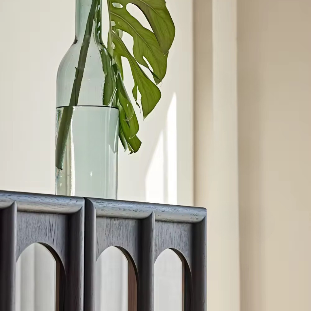 Ephyra, Oak Display Cabinet in Waxed Black Finish, Featuring  Arch Glass Doors, 39.4”L x 17.7”W x 67.7”H.