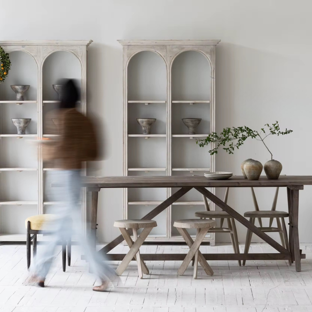 Athis, Double-Arch Recycled Pine, Bookcase/ Display Cabinet in Natural Limewash Finish, 40"L x 12"W x 79"H