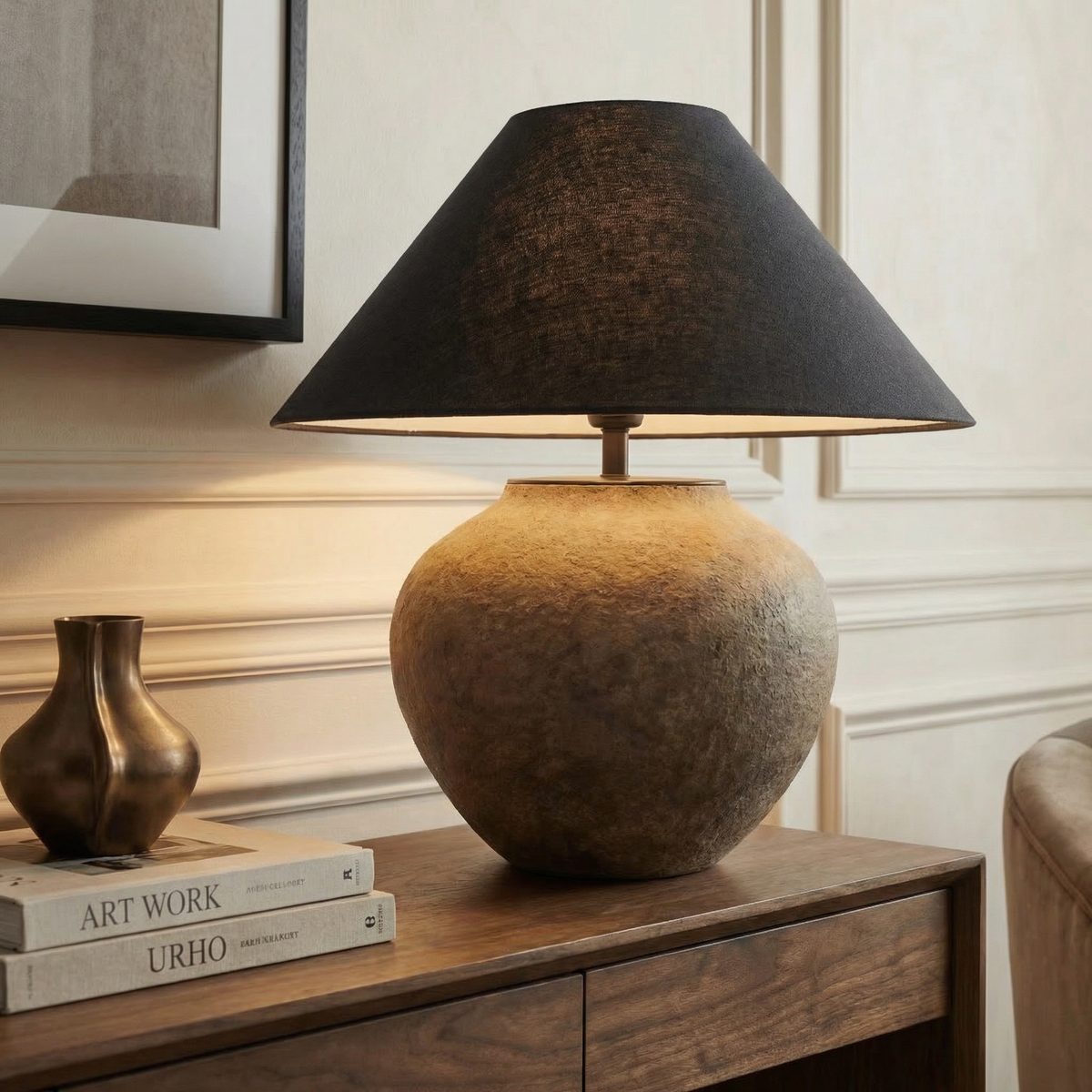 Nysa, Handcrafted Claystone Ceramic Form with Eclipse Weave Fabric Shade, 16.8" D x 18.5" H