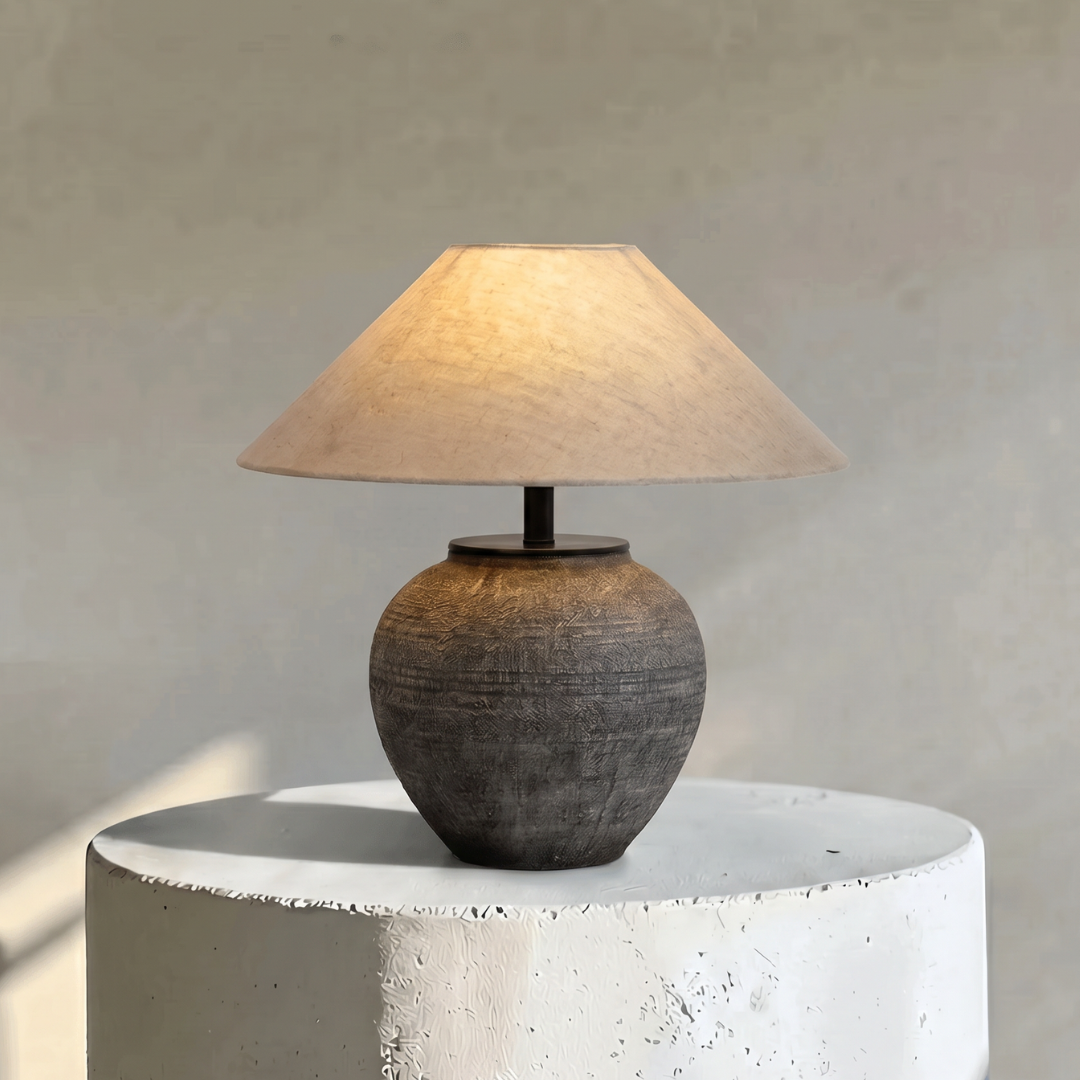 Erya, Textured Ceramic Base with Beige Glow Hemp Blend Shade, 15" D x 25.6" H