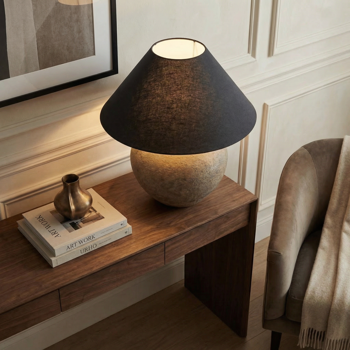 Nysa, Handcrafted Claystone Ceramic Form with Eclipse Weave Fabric Shade, 16.8" D x 18.5" H