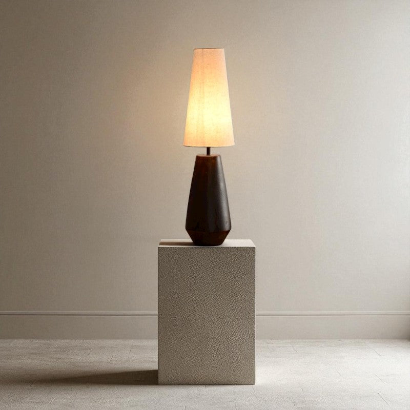 Zyra, Dark Geometric Base Lamp with Winter Glow Textile Shade, 9.8" D x 31.5" H