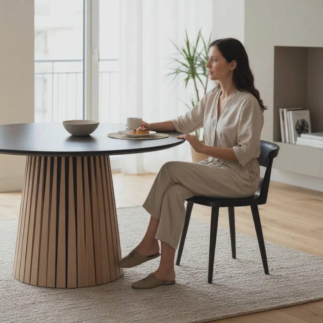 Tholos, Concrete & Oak Round Table Finished in Blackened Concrete & Brushed Light Oak, 52”D x 30”H