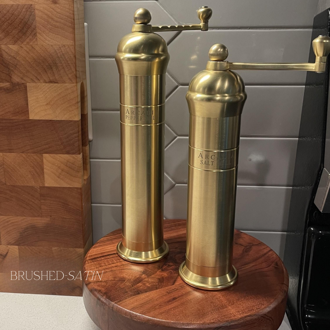 Arcadia, Vintage European Salt & Pepper Mill Set, Solid Polished Brass, Timeless and Elegant Grinders 2.0