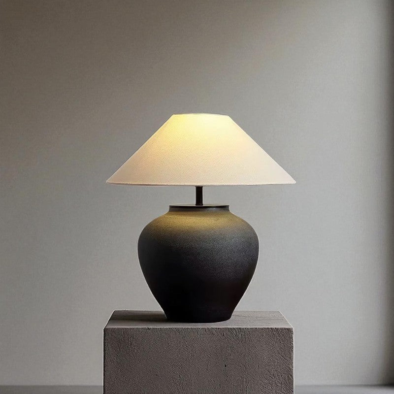 Lumora, Matte Ceramic Lamp, Noir Haven Silhouette with a Textured Fabric Shade 15.7"D x 15"H