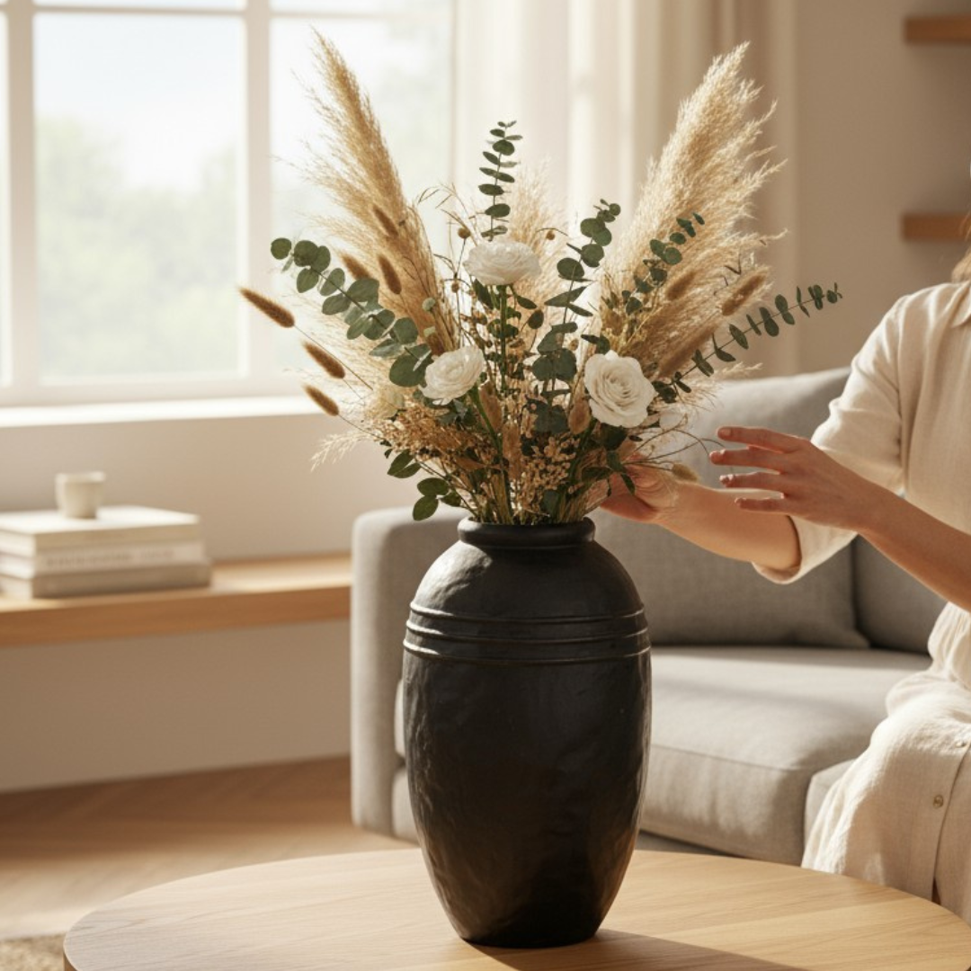 Arden Terracotta Vessel, hand-painted in Jet Black, 7.4"D x 13"H