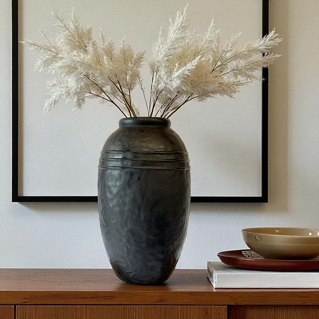 Arden Terracotta Vessel, hand-painted in Jet Black, 7.4"D x 13"H