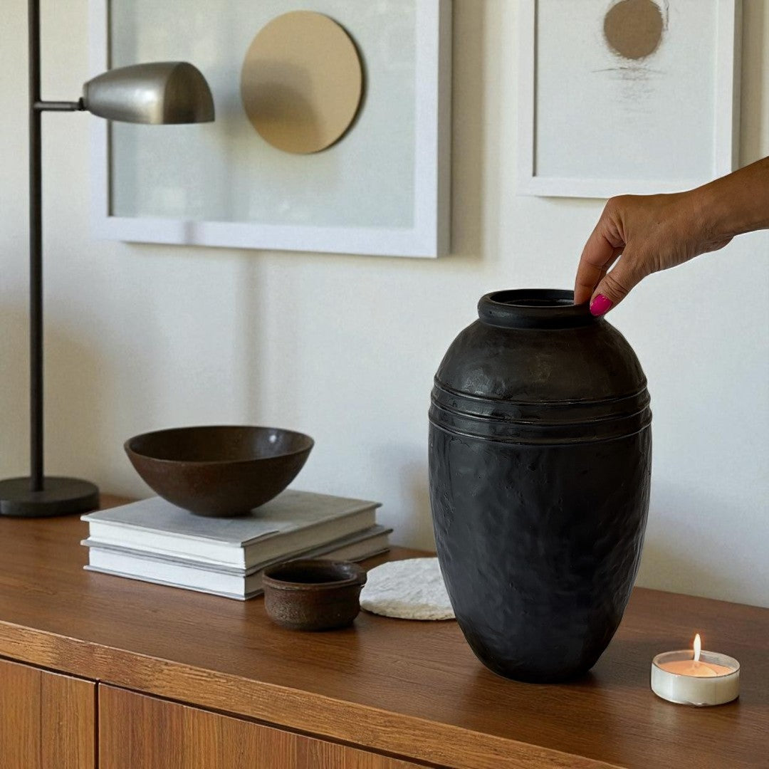 Arden Terracotta Vessel, hand-painted in Jet Black, 7.4"D x 13"H